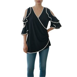 Joseph Ribkoff Black and White Ruffle Sleeve Blouse